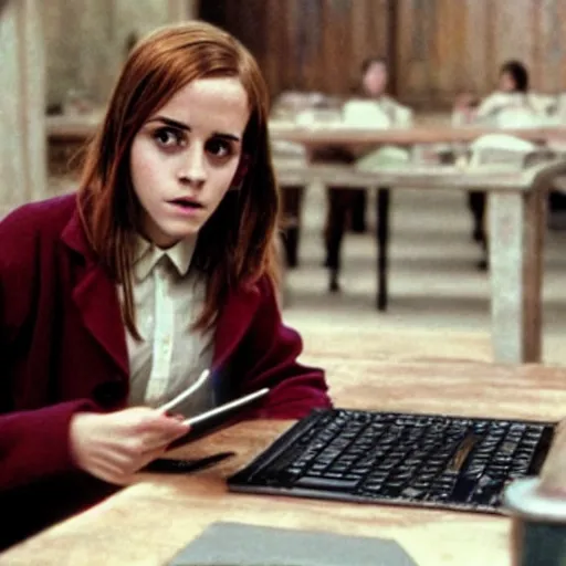Image similar to Still from Harry Potter movies, Emma Watson using a computer during school