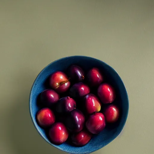 Image similar to a bowl filled with freshly picked plums. volumetric lighting. 4 k