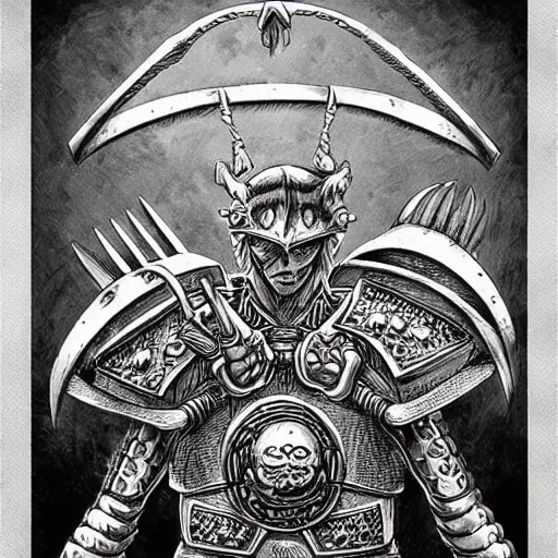 Image similar to intricate detailed burger armor warrior with huge fork weapon, dark fantasy art by kentaro miura