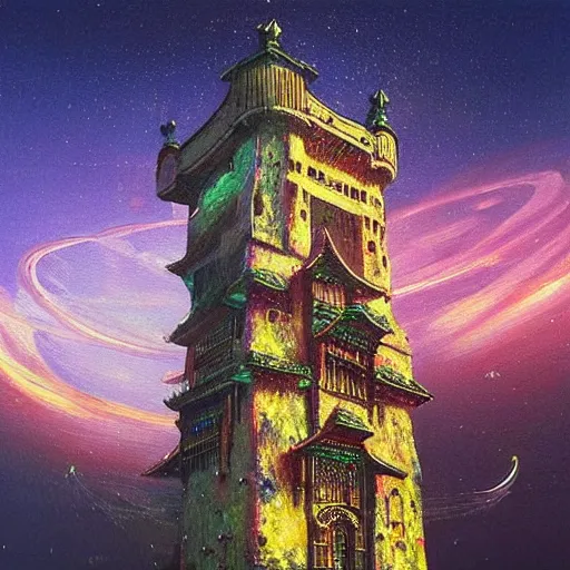 Image similar to “ a very detailed painting in the style of noriyoshi ohrai of an ancient holy tower, it is a glowing fortress and has iridescent mana radiating from it into the aether. it is centered. the background is the sky at dusk. retrofuturistic fantasy ”