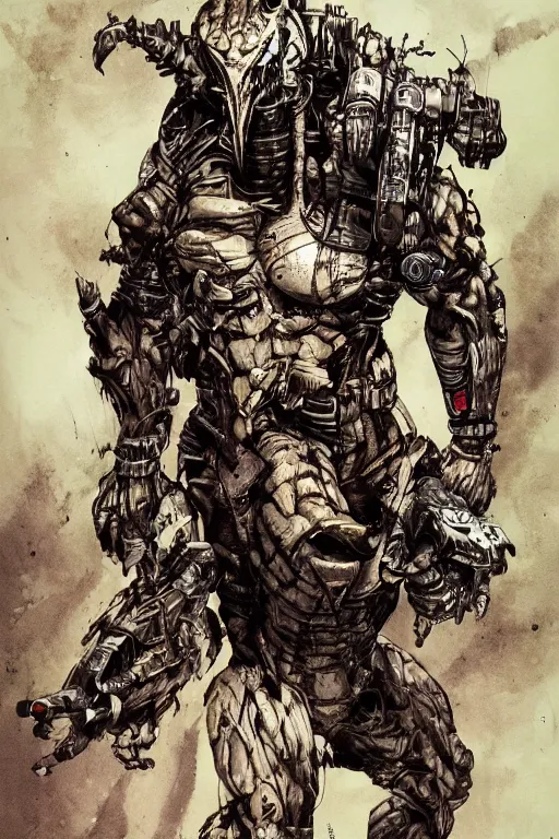 Image similar to predator illustrated by yoji shinkawa, science fiction horror action, skilled, technologically advanced alien, ink, digital painting, highly detailed, trending on artstation, sharp focus, illustration, concept art, norman rockwell