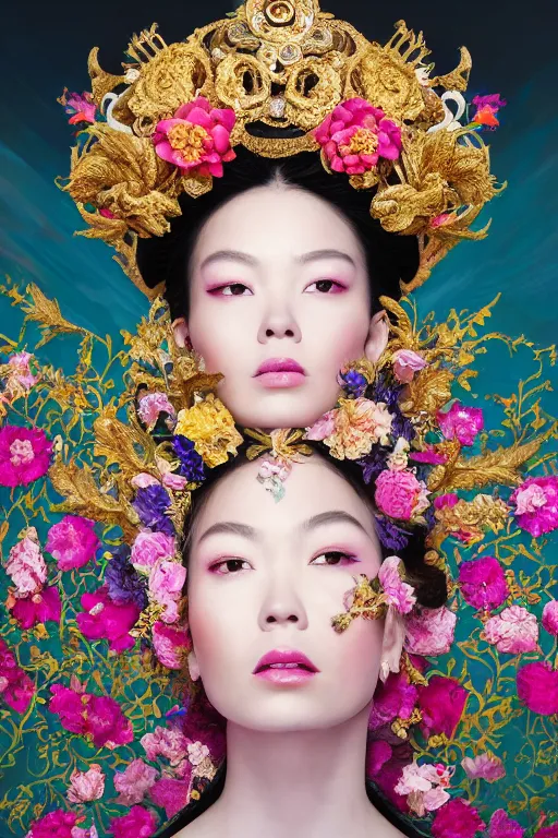 Image similar to a beautiful empress portrait, with a brilliant, impossible striking big flower headpiece, clothes entirely made out of flowers, garden backdrop, symmetrical, dramatic studio lighting, rococo, baroque, jewels, asian, hyperrealism, closeup, D&D, fantasy, intricate, elegant, highly detailed, digital painting, artstation, octane render, 8k, concept art, matte, sharp focus, illustration, art by Artgerm and Greg Rutkowski and Alphonse Mucha