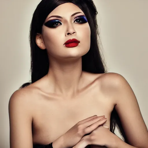 Prompt: photo of a model ,bold, self-confidence, light make up cinematic,focus