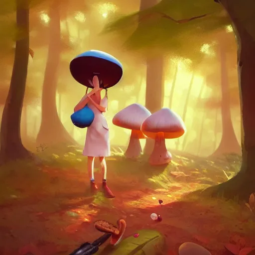 Image similar to goro fujita ilustration a cheerful girl collecting mushrooms in the forest, characterized by masamune shirow and greg rutkowski, character art, sharp focus, highly detailed, artstation