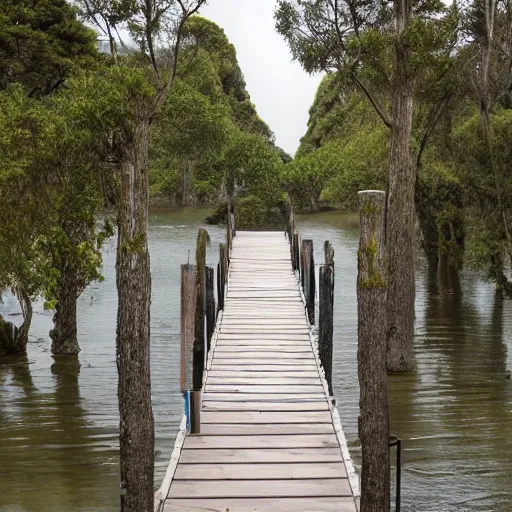 Image similar to very very tall pontoon with a narrow path leading to a lighthouse in the horizon, there is a tall tree at the beginning of the path, its rainy and the lighthouse is turned on, moody