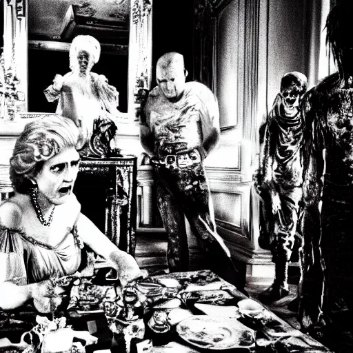 Image similar to zombie princess diana and zombie prince philip eating the queen in buckinham palace during the apocalypse cinematic dramatic hdr