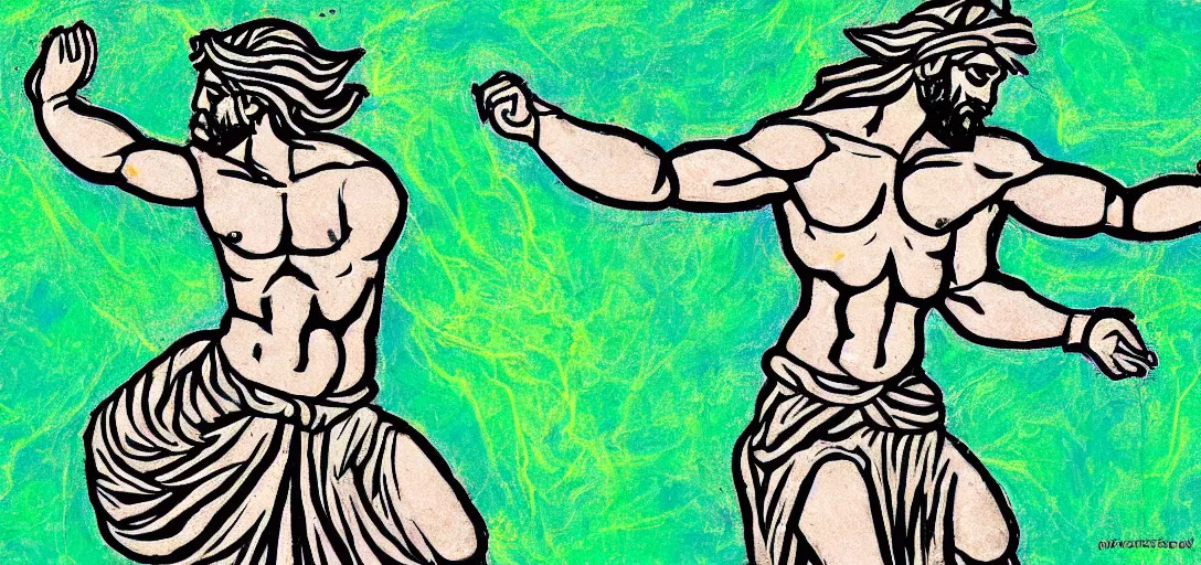 Image similar to an abstract spiritual background, a multiracial greek god dancing with mortals, green eyes. high contrast lines, great detail. 2 4 mm, photorealistic, saturated color scheme