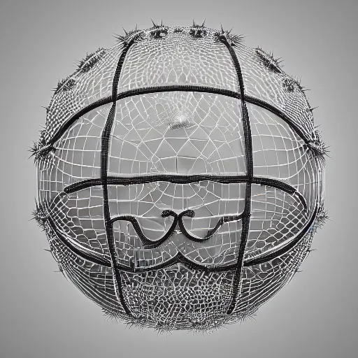 Image similar to complex 3d render ultra detailed of a beautiful basketball in the shape of a sacred heart, with net around it like thorns, 150 mm, beautiful natural soft light, rim light, silver gold details, maze like, mesh wire, intricate details, hyperrealistic, ultra detailed, mandelbrot fractal, anatomical, white metal neocubism armor, elegant, octane render, H.R. Giger style, 8k