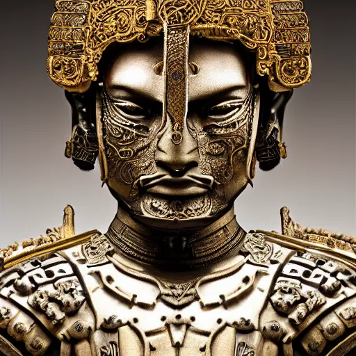 Prompt: an intricate photography portrait of a enigmatic terracota warrior soldier made of obsidian carving metal in a golden desert, extremely detailed, ornate, biomechanical, by wlop by jungyeonmin, james jean jhonseru jsezz, greg rutkowski, lens orbs, global illumination, japandi, hyperreal, micro details