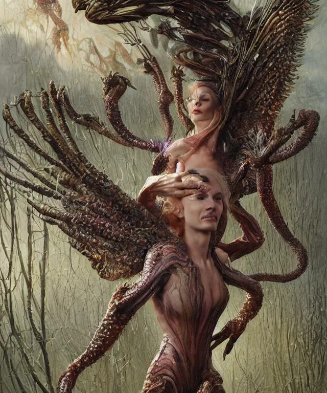 Prompt: a portrait photograph cate blanchet as a strong alien harpy queen with amphibian skin. she is dressed in a colorful slimy organic membrane catsuit and transforming into an bird with an armored exoskeleton. by donato giancola, walton ford, ernst haeckel, peter mohrbacher, hr giger. 8 k, cgsociety, fashion editorial