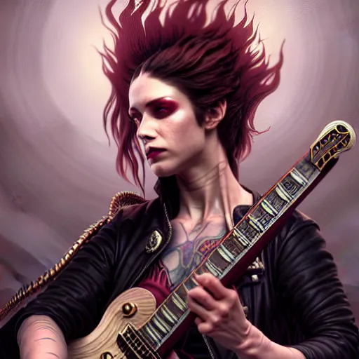 Image similar to portrait painting of a punk snake bard with a guitar, ultra realistic, concept art, intricate details, eerie, highly detailed, photorealistic, octane render, 8 k, unreal engine. art by artgerm and greg rutkowski and charlie bowater and magali villeneuve and alphonse mucha