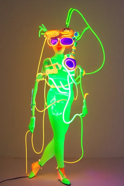 Prompt: full-body neon porcelain baroque bladerunner greek style sculpture of a young royal Ozuna as a high-fashion half-robot wearing retro shades with a porcelain body with an opening exposing a battery leaking green glowing radioactive liquid, electric sparks, glowing violet laser beam eyes, crown of giant rubies, flowing pink and orange neon-colored silk, luminescent fabrics, mechanical raptors. baroque and steampunk elements. full-length view. baroque element. intricate artwork by caravaggio. Very very very very highly detailed epic photo of face. Trending on artstation, octane render, cinematic lighting from the right, hyper realism, octane render, 8k, depth of field, 3D