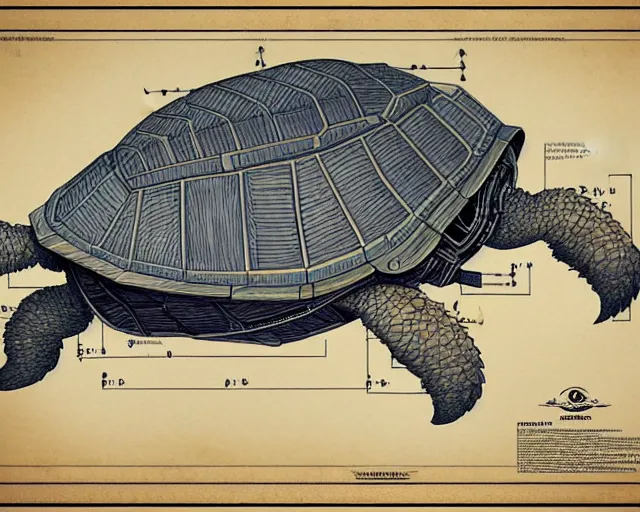 Image similar to a full page of a mechanical blueprint showing a cutaway design for a mechanized tortoise from howl's moving castle ( 2 0 0 4 ), with a big head, muted colors, post grunge, studio ghibli, hq,