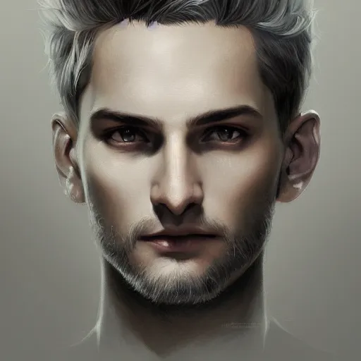 Prompt: ultra realistic illustration, young man with gray skin, short white hair, intricate, with dark clothes, elegant, highly detailed, digital painting, artstation, concept art, smooth, sharp focus, illustration, art by artgerm and greg rutkowski and alphonse mucha