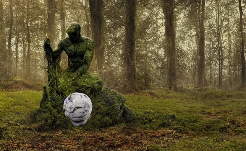 Image similar to a mossy marble statue of Cristiano Ronaldo abandoned in the middle of a forest near a lake at sunset by Greg Rutkowski, concept art, godrays, complementary colors, calm, relaxing, beautiful landscape, highly detailed, high quality, 4k HDR, path tracing, serene landscape, high coherence, soft lighting