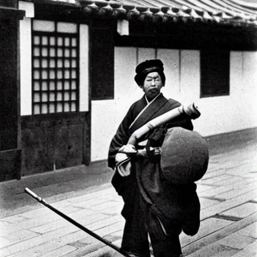 Image similar to Portrait of a 19th century Japanese man playing the shakuhachi in the streets of Kyoto, 1900s photography