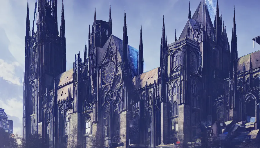 Prompt: neo - gothic berlin with blue doma train station, sunny day, volumetric light, hyperdetailed, artstation, cgsociety, 8 k