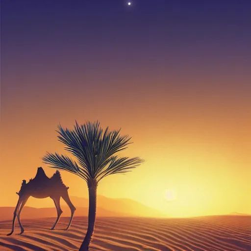 Image similar to desert dunes at sunset, palm trees, two camels in the foreground, long shadows, stars, twilight, dust, volumetric light, foggy, particles, atmospheric, dramatic lighting, by greg rutkowski, artstation