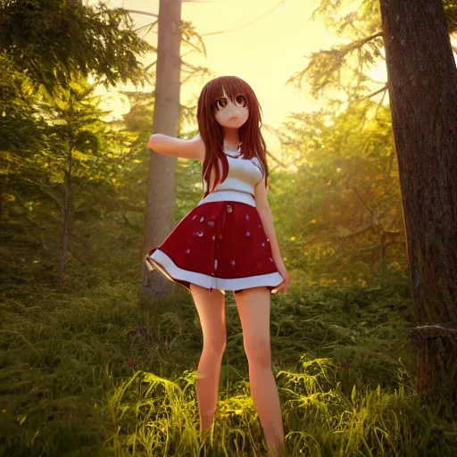 Image similar to Render of a very beautiful 3d anime girl, long hair, hazel eyes, cute freckles, full round face, short smile, cute sundress, golden hour, forest setting, medium shot, mid-shot, highly detailed, trending on Artstation, Unreal Engine 4k