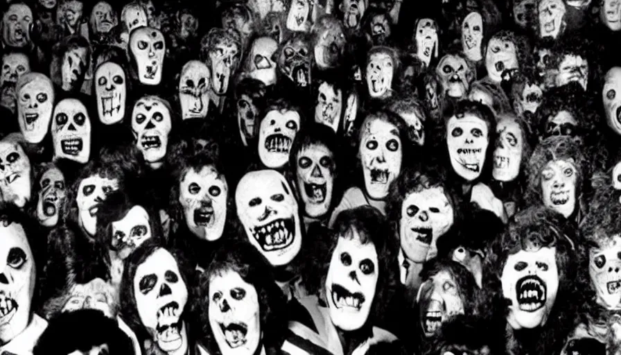 Prompt: a 1 9 8 0's horror movie where angry mob wears a celebrety faces as halloween mask