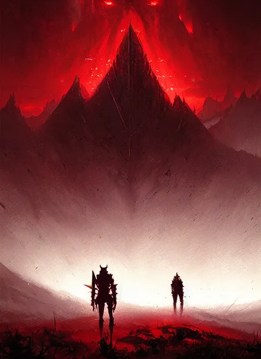 Prompt: horror art, solo knight, red peaks in the background, art by greg rutkowski