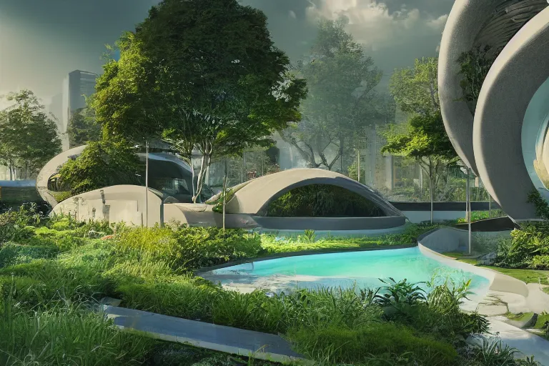 Image similar to serene garden with pool and rounded futuristic housing in the background, hyper realistic, ambient lighting, concept art, intricate, hyper detailed, smooth, dynamic volumetric lighting, octane, raytrace, cinematic, high quality, high resolution, 4 k, cgsociety, rutkowski, gurney