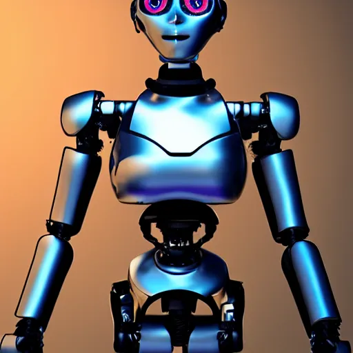 Prompt: tomboyish female robot with chrome endoskeleton