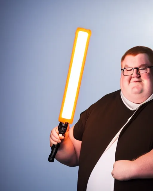 Image similar to Studio Photograph of a real life Peter Griffin from Family Guy dressed as Han Solo and Holding a glowing light saber in the Style of Annie Leibovitz,