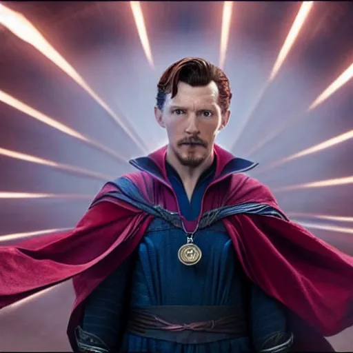 Image similar to Tom Holland as Dr. Strange. Movie still frame. 4k UHD