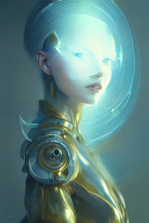 Prompt: detailed portrait glam cyber noun, attractive feminine curves, intricate, scifi, futuristic, elegant cape, elegant, alien room background, white, blue, gold, photorealism, intricate line drawings, by craig mullins, ruan jia, kentaro miura, greg rutkowski, loundraw