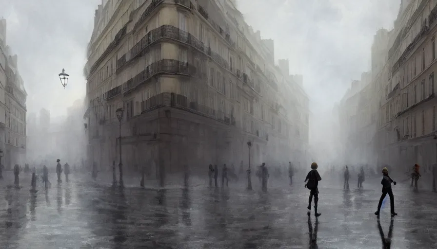 Prompt: Young boy walking in a empty Paris during the French Revolution with a light mist, hyperdetailed, artstation, cgsociety, 8k