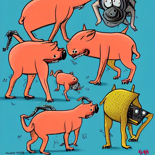 Image similar to digital cartoon illustration of a group of feral hogs by alex pardee, cartoon art, creative design