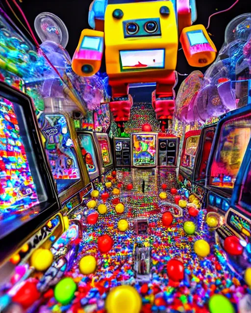 Image similar to crowded city made of arcade machines and buildings made of candy, cute elaborate epic robot, candy colors, pinball machine parts, symmetrical, bubbles everywhere, video game consoles, colored wires, translucent, clear parts, detailed by pokedstudio