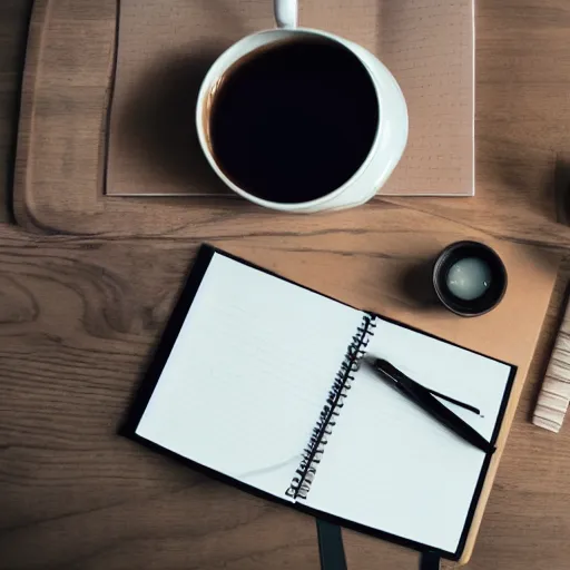 Prompt: my lovely woman working at the table with a notebook, a morning coffee on her side