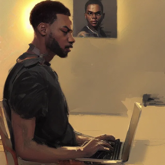 Image similar to a lightskinned black man with short hair, using a macbook, portrait, elegant, intricate, digital painting, artstation, concept art, smooth, sharp focus, illustration, art by konstantin korovin and daniel f. gerhartz and john howe