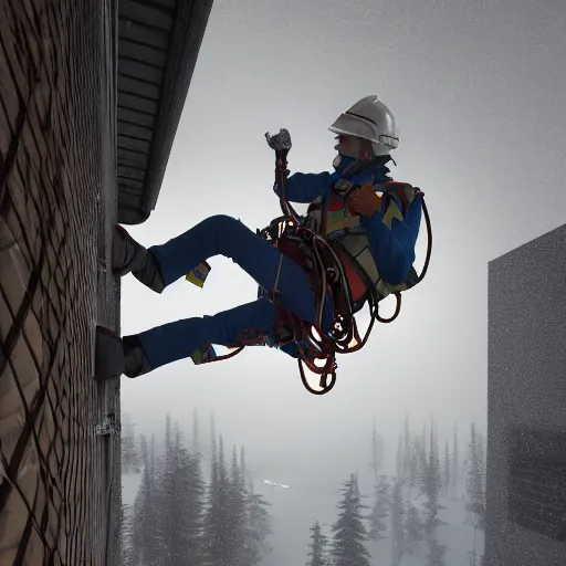 Image similar to rope access technician, extreme cold, cloudy weather, octane render, volumetric lightning, hyperrealistic, cgi, - q 2, 8 k