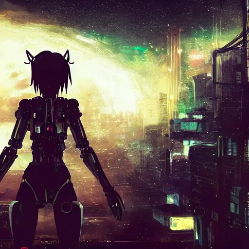 Prompt: android mechanical cyborg anime girl in overcrowded urban dystopia. gigantic future city. pitch black night. raining. makoto shinkai. wide angle distant shot. dark and dreary. black nebula.