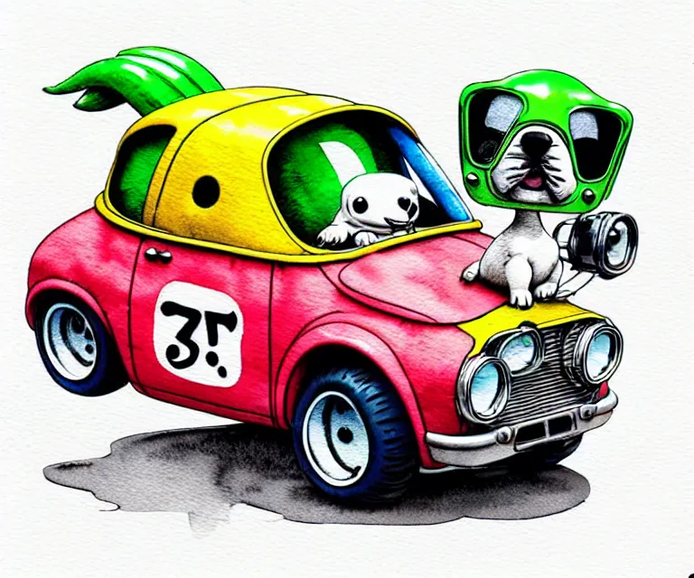 Image similar to cute and funny, puppy wearing a helmet riding in a tiny hot rod with an oversized engine, ratfink style by ed roth, centered award winning watercolor pen illustration, isometric illustration by chihiro iwasaki, edited by range murata, tiny details by artgerm and watercolor girl, symmetrically isometrically centered, sharply focused