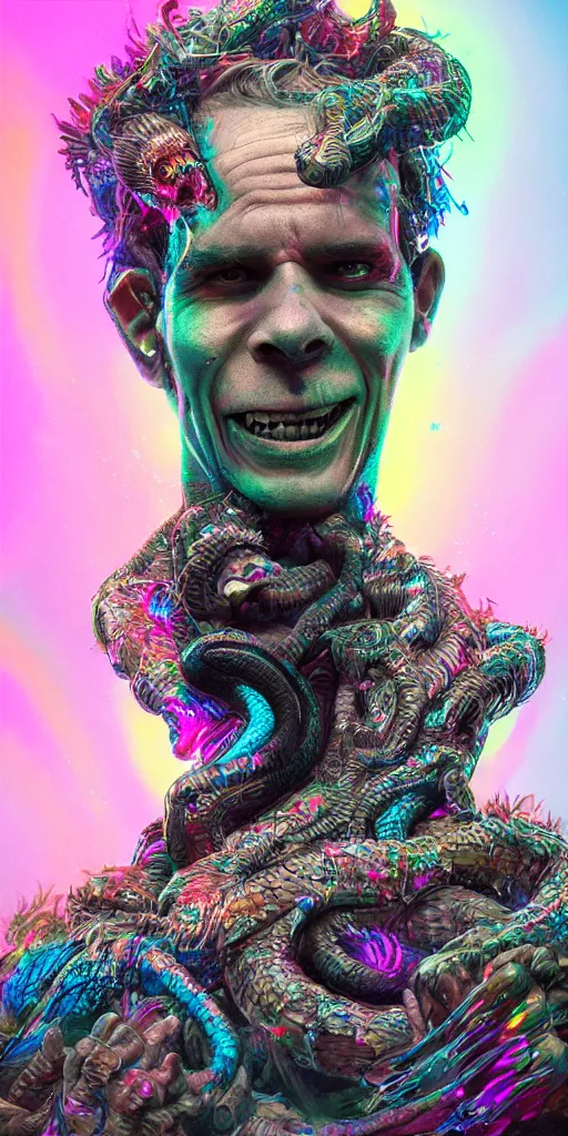 Image similar to impossibly beautiful portrait, dapper dream demon, snake man, wings, bad trip, insane smile, intricate complexity, surreal horror, inverted neon rainbow drip paint, trending on art station, photoreal, 8 k, octane render by greg rutkowski