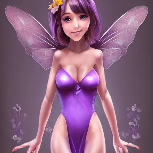 Image similar to very very very beautiful tiny fairy woman in her 20s with fairy wings wearing skintight purple dress, making eye contact, smiling, flirty, perfect body, perfect face, drawn by artgerm