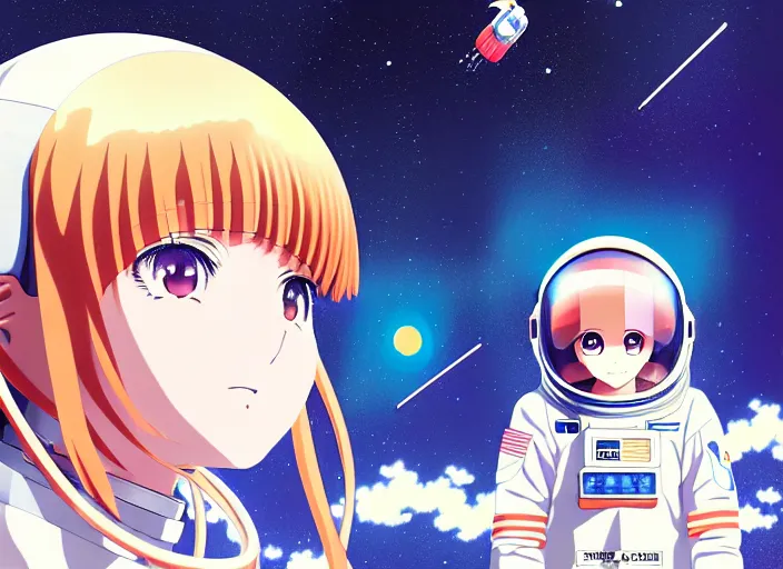 Image similar to anime portrait of a young astronaut girl, Karolis Strautniekas,omoide emanon, tsuruta kenji, murata range,kawaii, kyoto animation, manga, intricate, detailed, studio lighting, gradation,editorial illustration, matte print, Ilya Kuvshinov