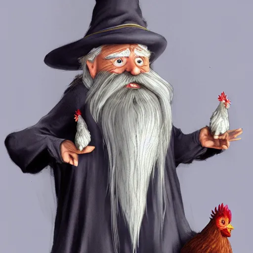 Image similar to character concept art of a kind old wizard with a long white beard looking a confused, holding a pet chicken perched top of his hat, wearing a blue robe, blue eyes, realistic, detailed, trending on ArtStation, by John Howe