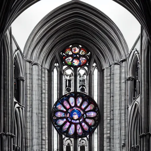 Image similar to human upper body morphs into a gothic cathedral, rose window at the chest, the head is the dome, hyperrealistic, anatomically correct, medical photography, 3d, 8k,