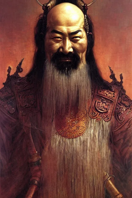 Image similar to a portrait of guan yu by wayne barlowe, gustav moreau, goward,  Gaston Bussiere and roberto ferri, santiago caruso, and austin osman spare, ((((occult art))))