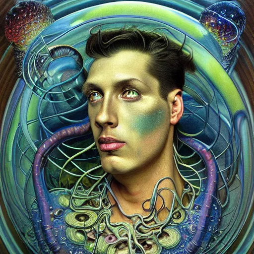 Prompt: realistic extremely detailed hybrid style portrait painting of an average man with exposed clear brain , retro futuristic ,water , style hybrid mix of beeple,Jean Delville, Amano,Yves Tanguy, Alphonse Mucha, Ernst Haeckel, Edward Robert Hughes,Stanisław Szukalski and Roger Dean, rich moody colors,,glitter and sparkles,blue eyes,octane render,4k,f32