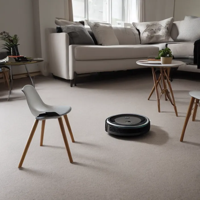 Image similar to A Roomba with a four stand legs with wheels just like a table, product advertising, professional advertising, studio quality product