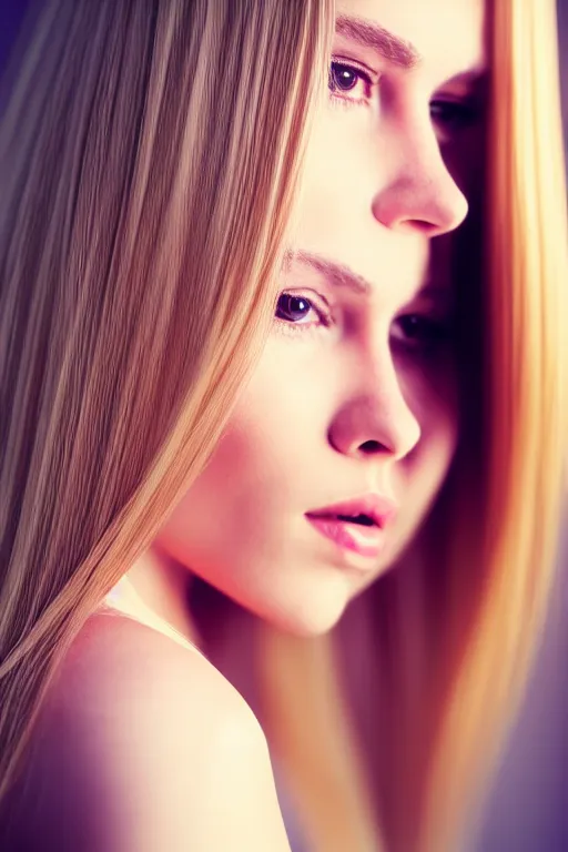 Prompt: portrait of a young pretty blonde girl with a long hair, elegant, photorealistic, sharp focus, filling light,