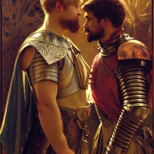 Image similar to attractive arthur pendragon and his attractive male knight, they are in love, natural lighting, path traced, highly detailed, high quality, digital painting, by gaston bussiere, craig mullins, alphonse mucha j. c. leyendecker