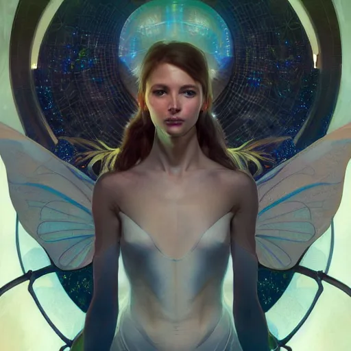 Prompt: portrait of a futuristic fairy, science fiction, smooth technology, smooth body, fairy wings, intricate, headshot, highly detailed, digital painting, artstation, concept art, sharp focus, cinematic lighting, illustration, art by artgerm and greg rutkowski, alphonse mucha, cgsociety