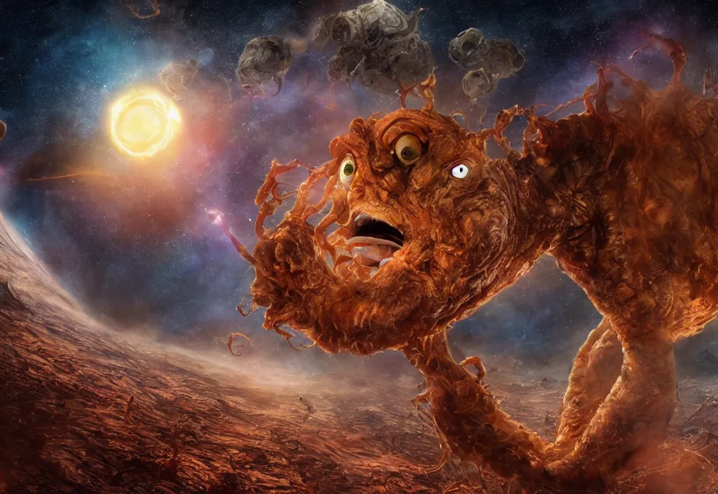 Image similar to eldritch horror bloody garfield in space, hd, 8 k, giant, epic, realistic photo, unreal engine, stars, prophecy, powerful, cinematic lighting, destroyed planet, debris, violent, sinister, ray tracing, dynamic, epic composition, dark, horrific, teeth, grotesque, monochrome drawing, hellscape, death, corpses